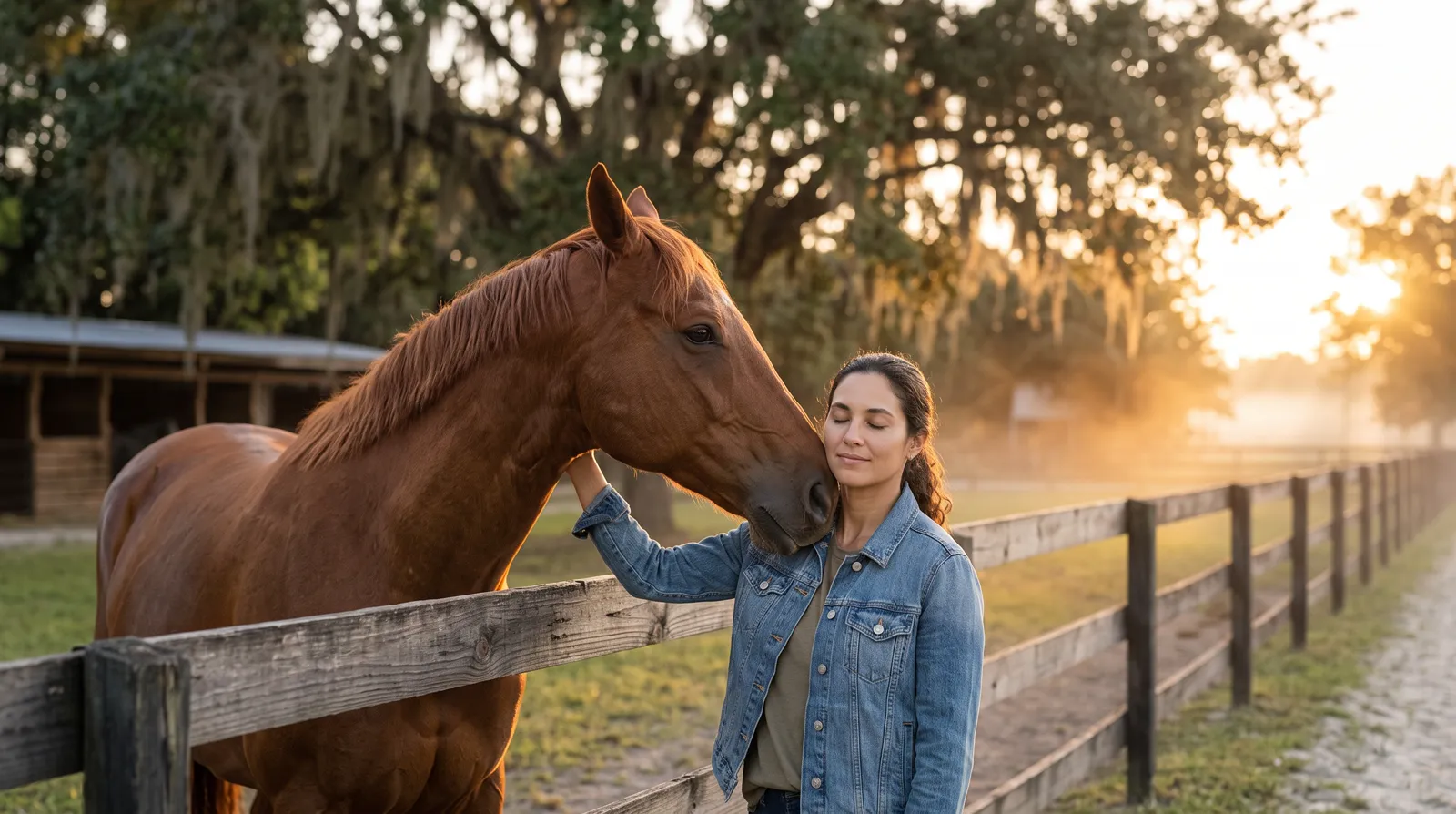A horse gently nuzzling a woman's shoulder at the paddock fence