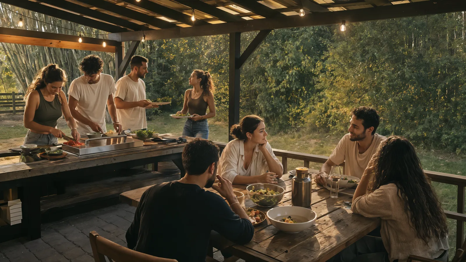 Friends preparing and sharing a meal together under an open-air pavilion