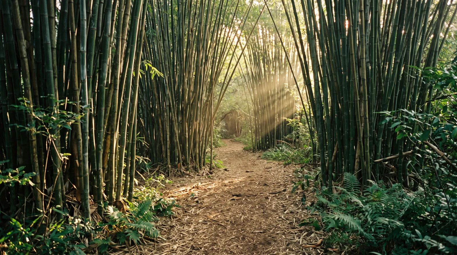 A winding footpath through a sunlit bamboo grove