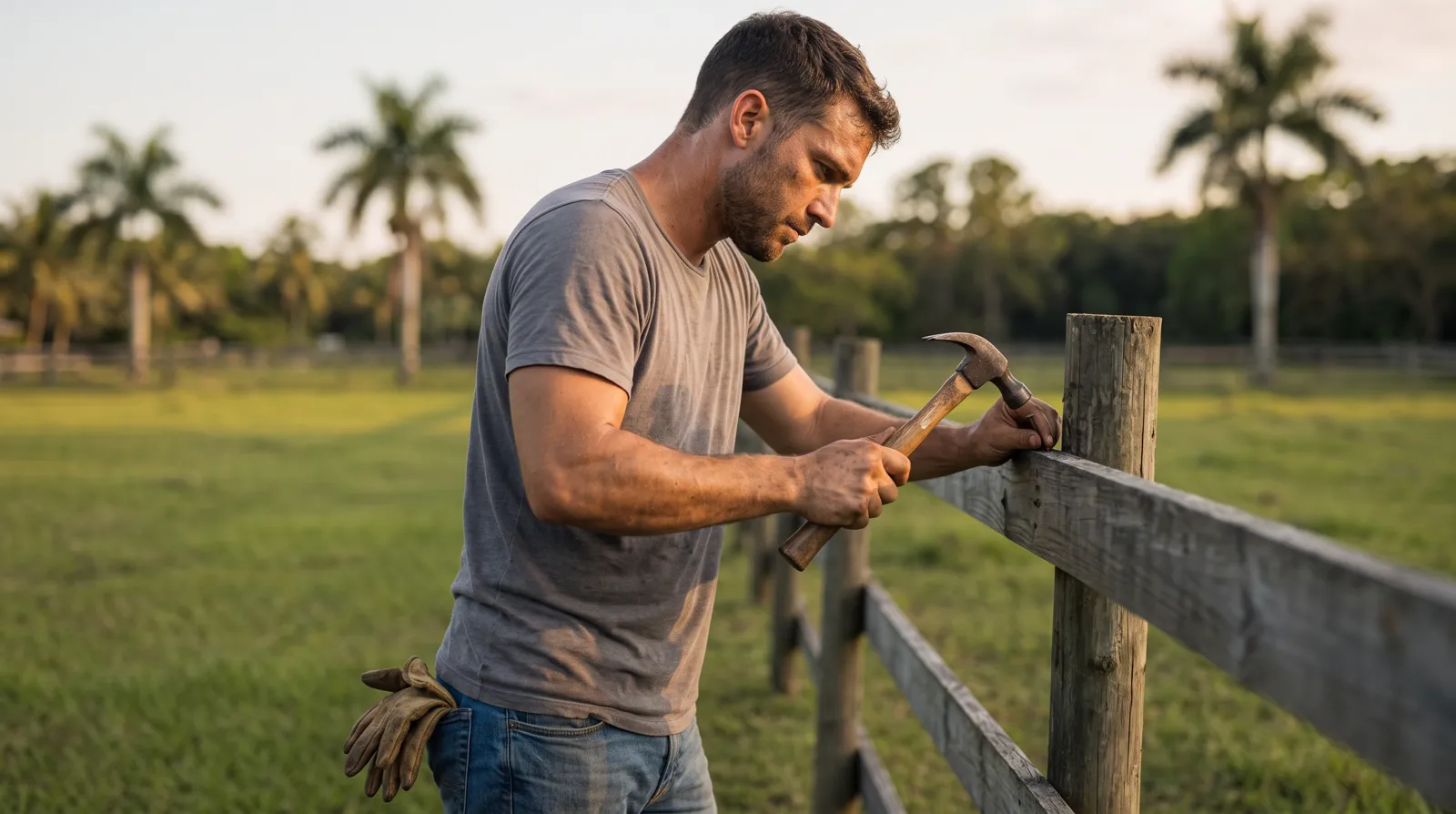 A man repairing a wooden pasture fence in golden light