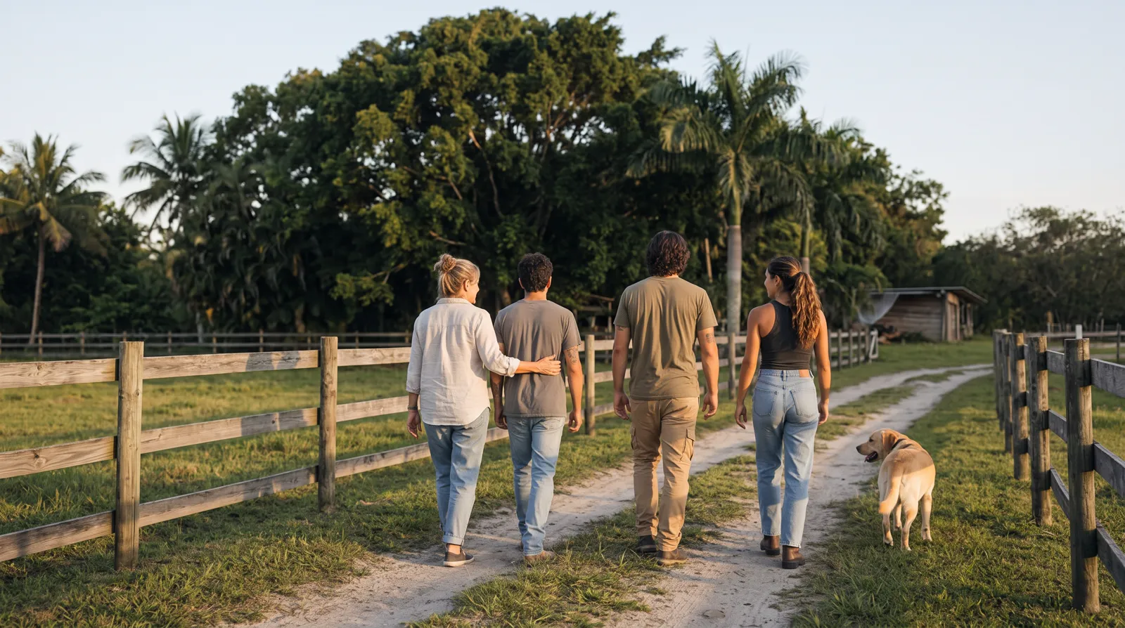 A family walking together along a fence-lined farm path in the evening