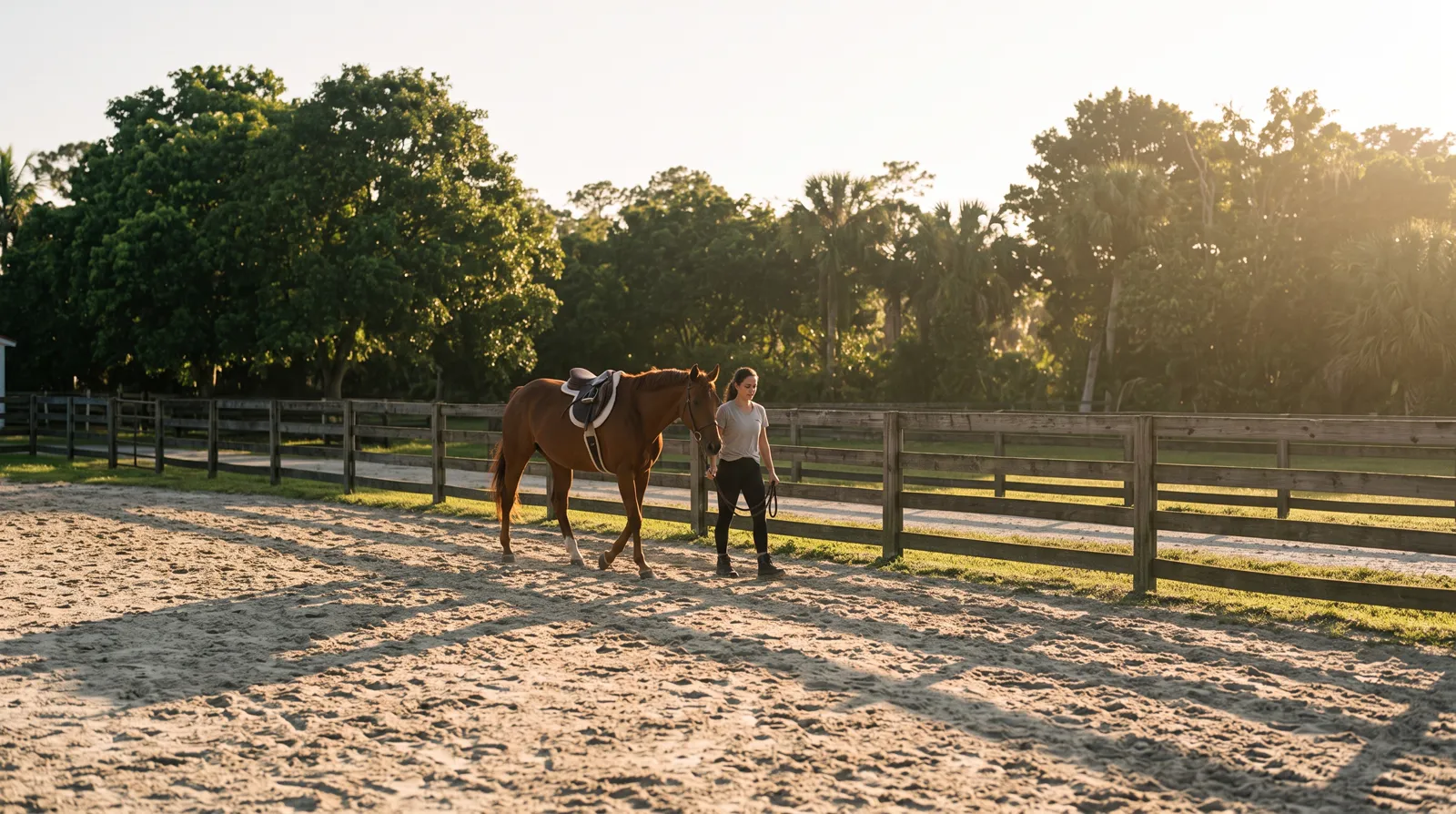 Golden-hour view across the sand arena as a handler leads a saddled horse
