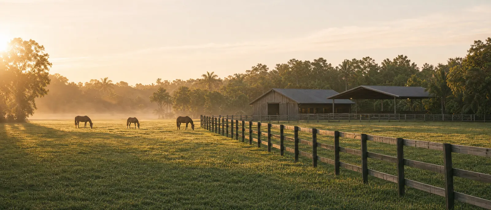 Wide pasture with a long fence line leading to a barn and covered arena at sunrise