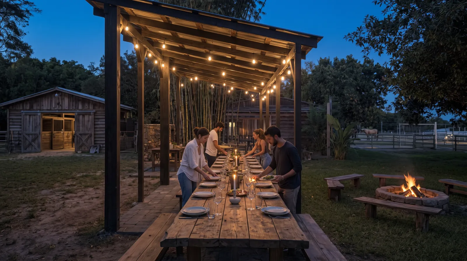 A timber dining pavilion at dusk with string lights and a long communal table
