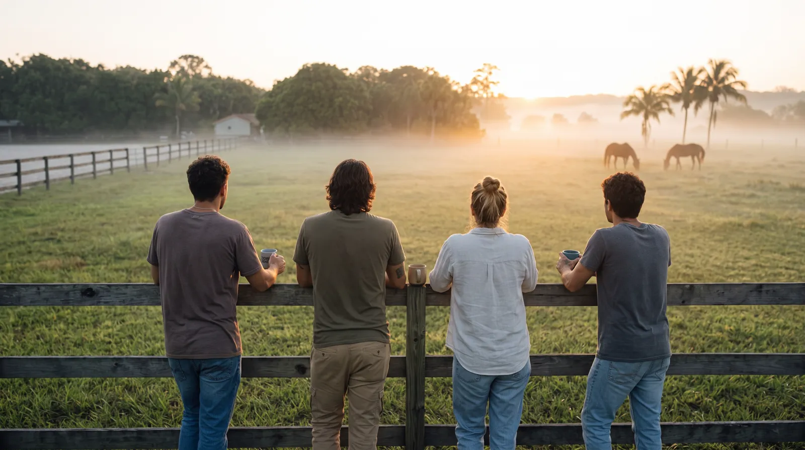 A small group standing at a pasture fence at sunrise, horses grazing in the distance