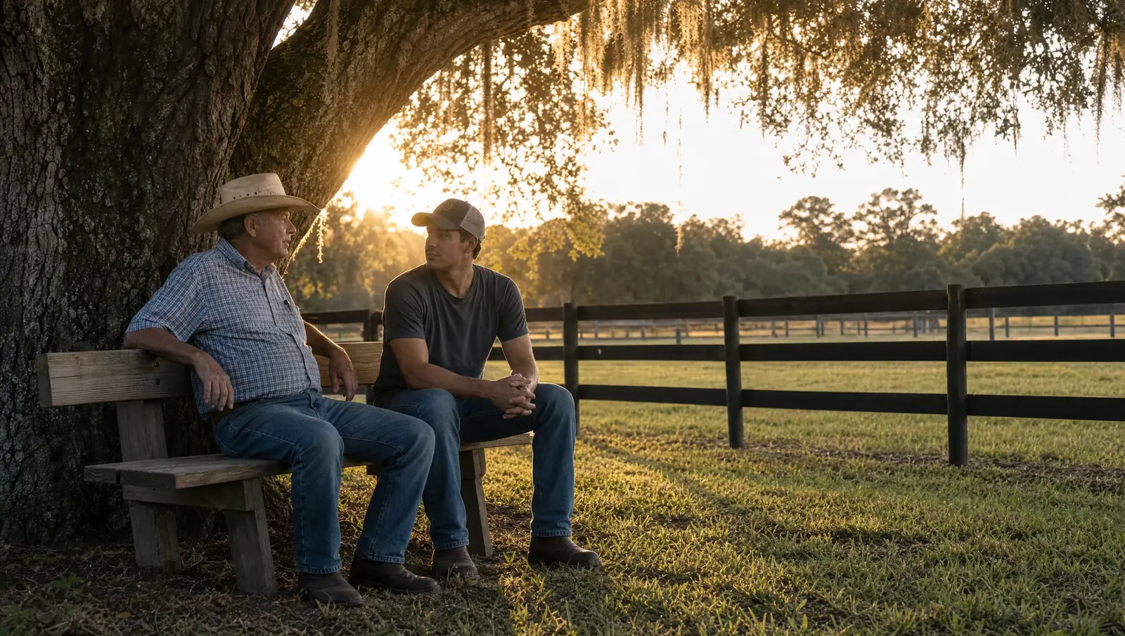Two men talk on a wooden bench under a live oak at the edge of a pasture