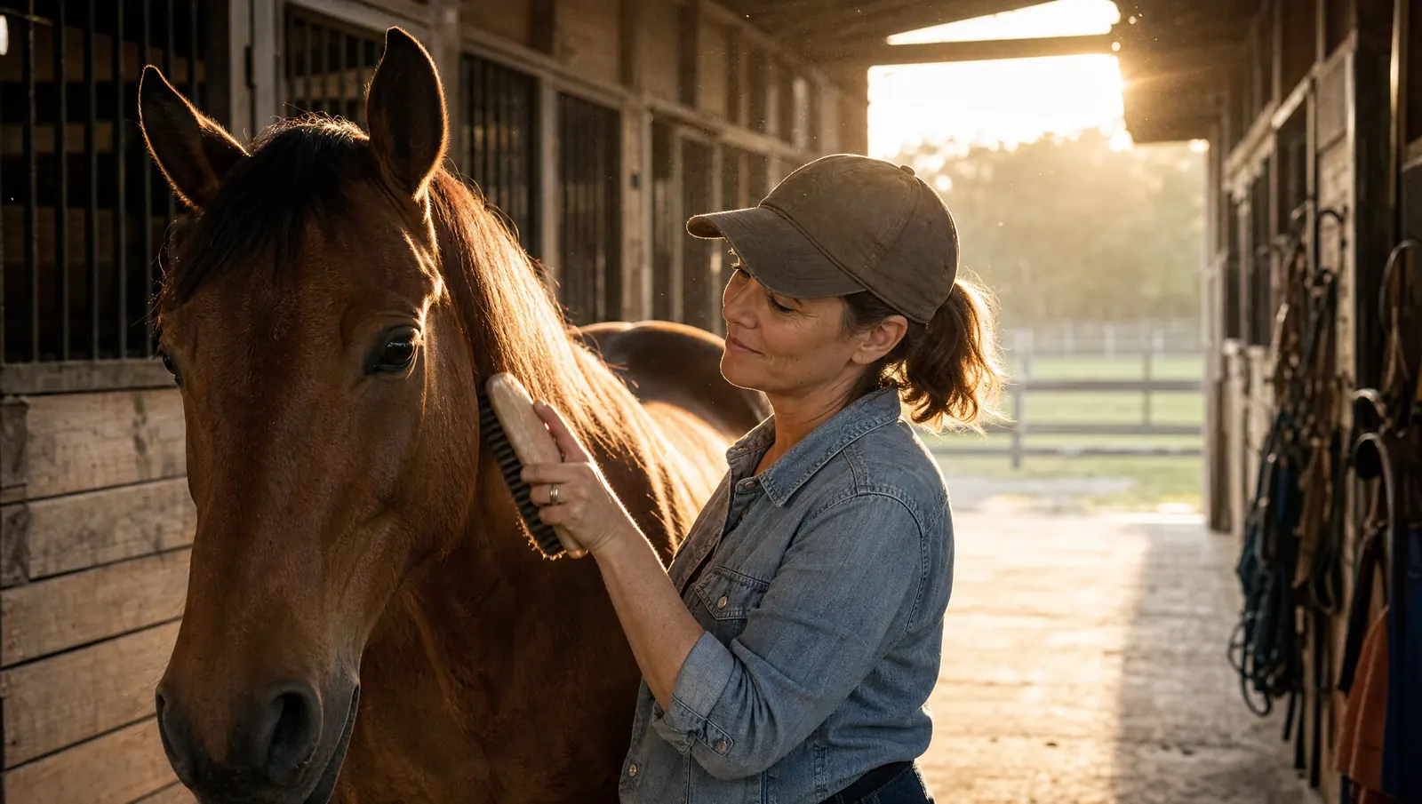 A woman brushes a bay horse in a sunlit barn aisle