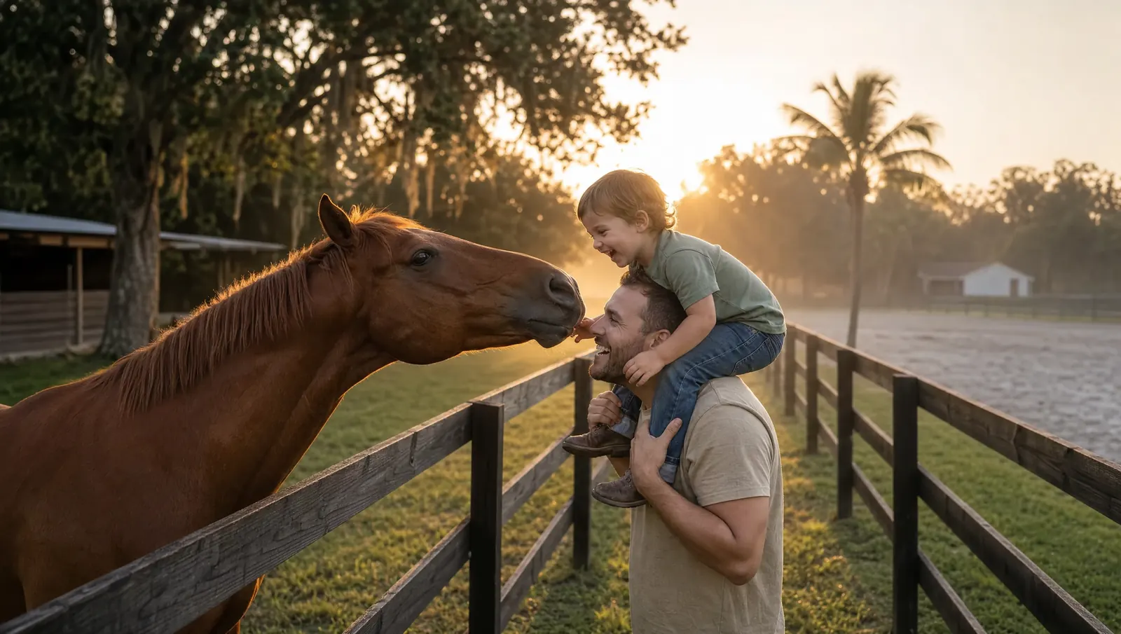 A child on a father's shoulders laughs as a horse reaches over the paddock fence