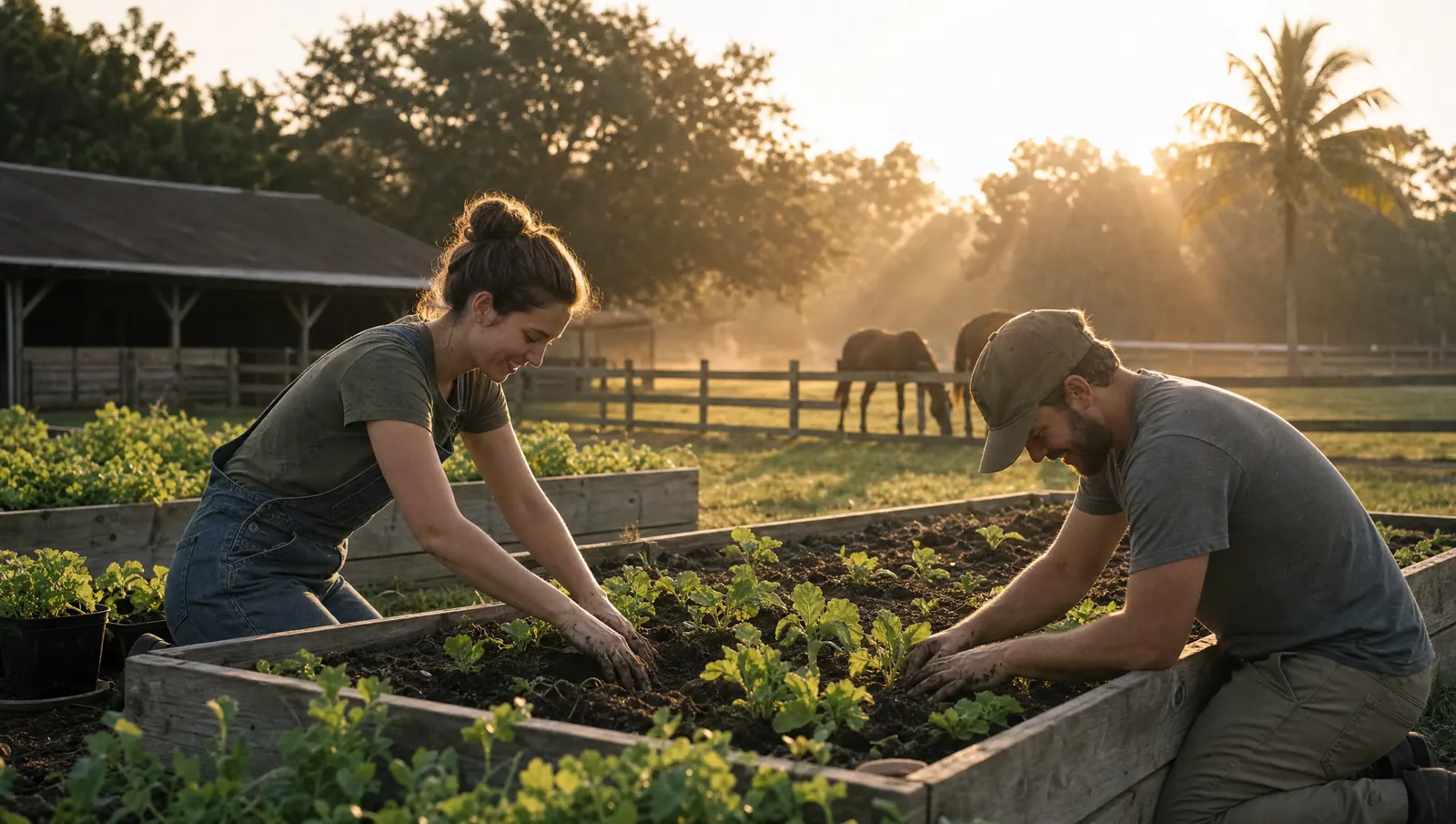 Two people plant seedlings in raised garden beds with horses grazing behind them