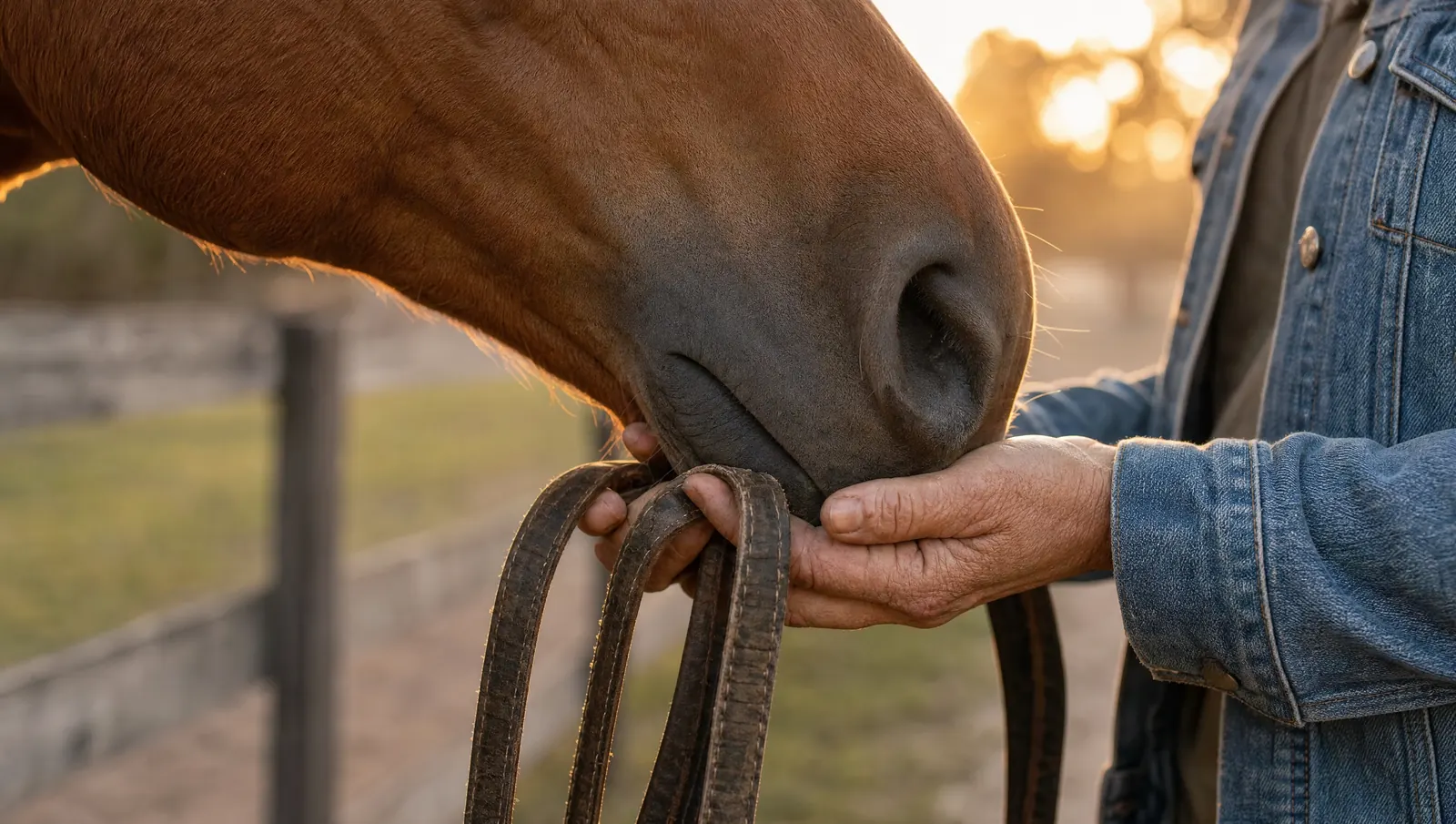 Weathered hands hold leather reins as a horse rests its muzzle against them