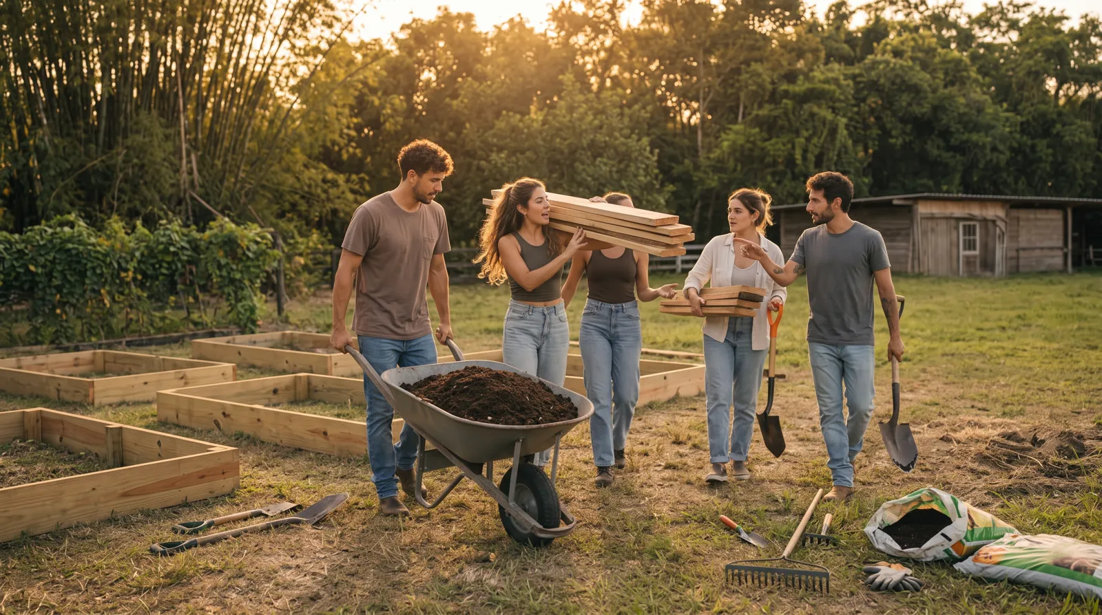 A group moving soil and planks together toward the garden beds