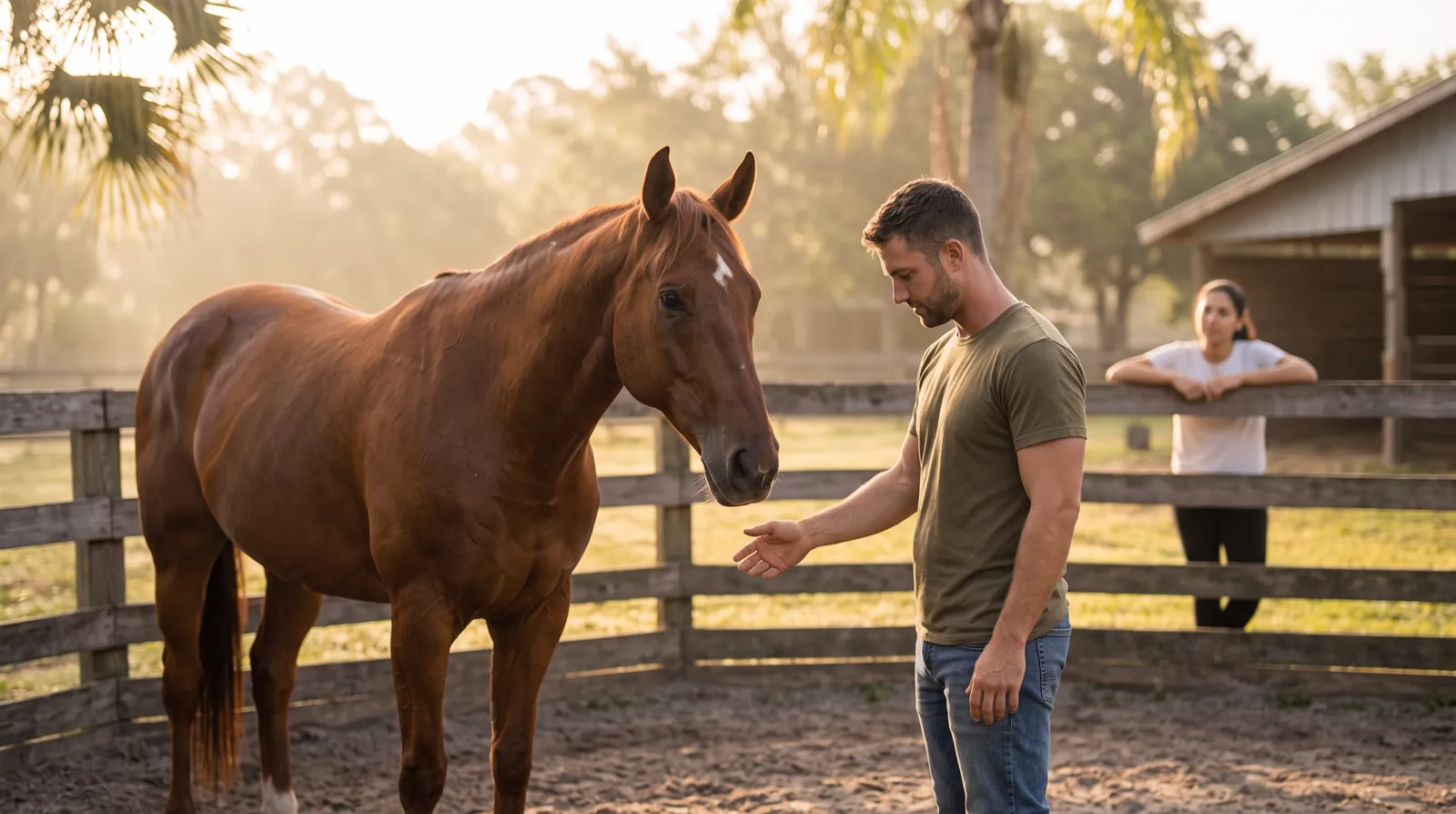 A man reaching a hand out toward a horse for the first time in a round pen