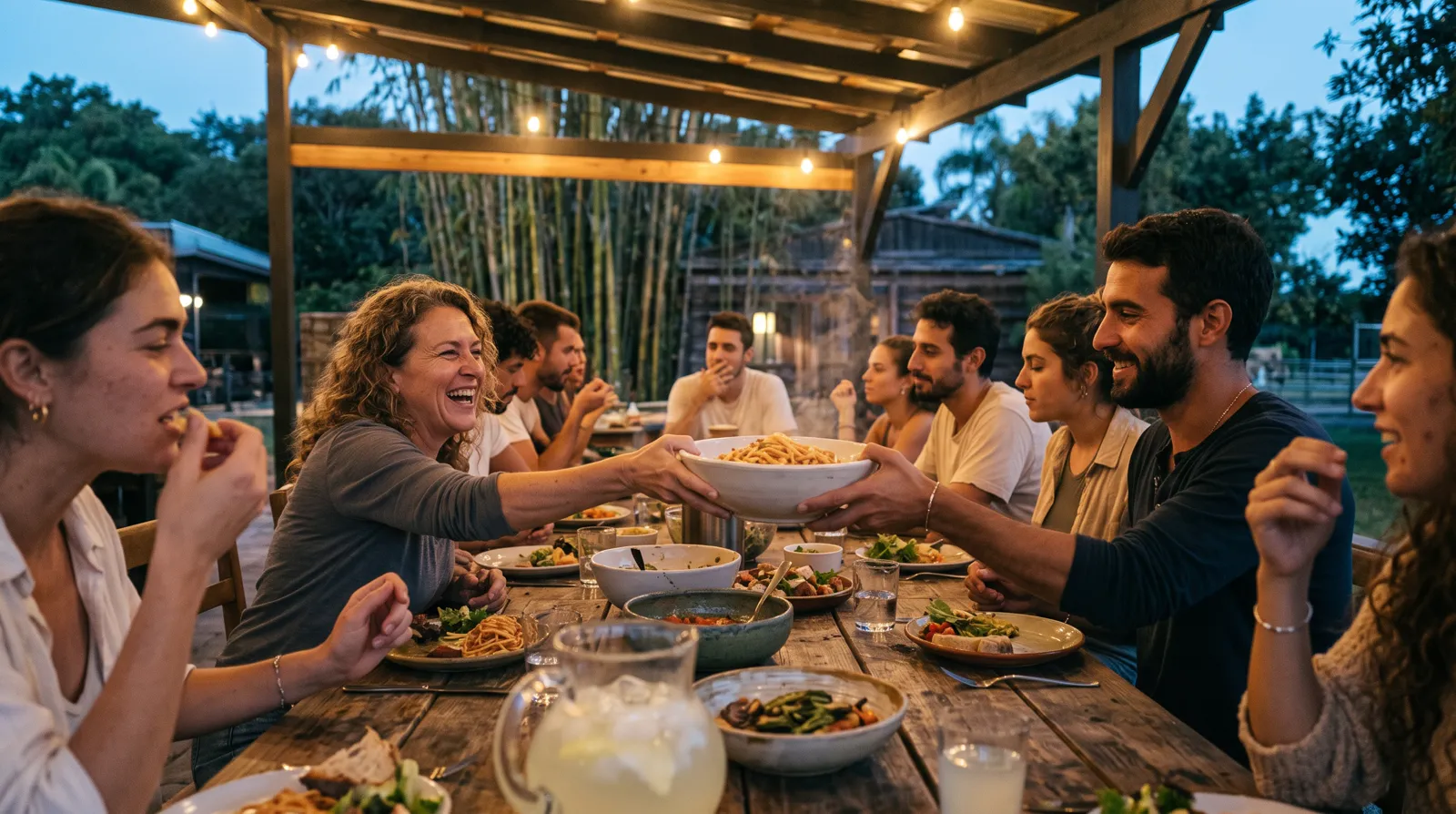 A shared dinner at a long farm table under string lights at dusk