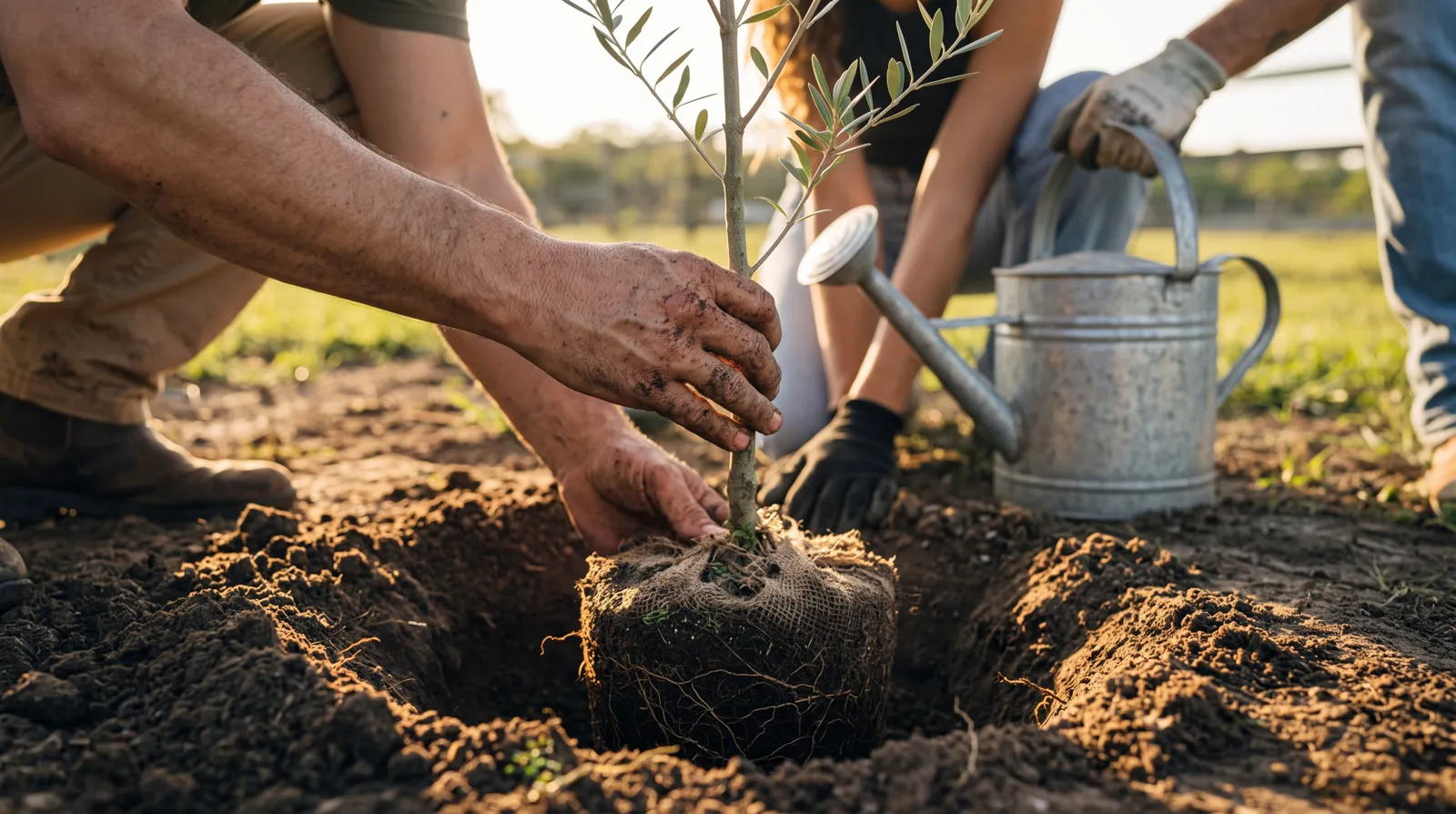 Hands lowering a young olive sapling into freshly dug soil