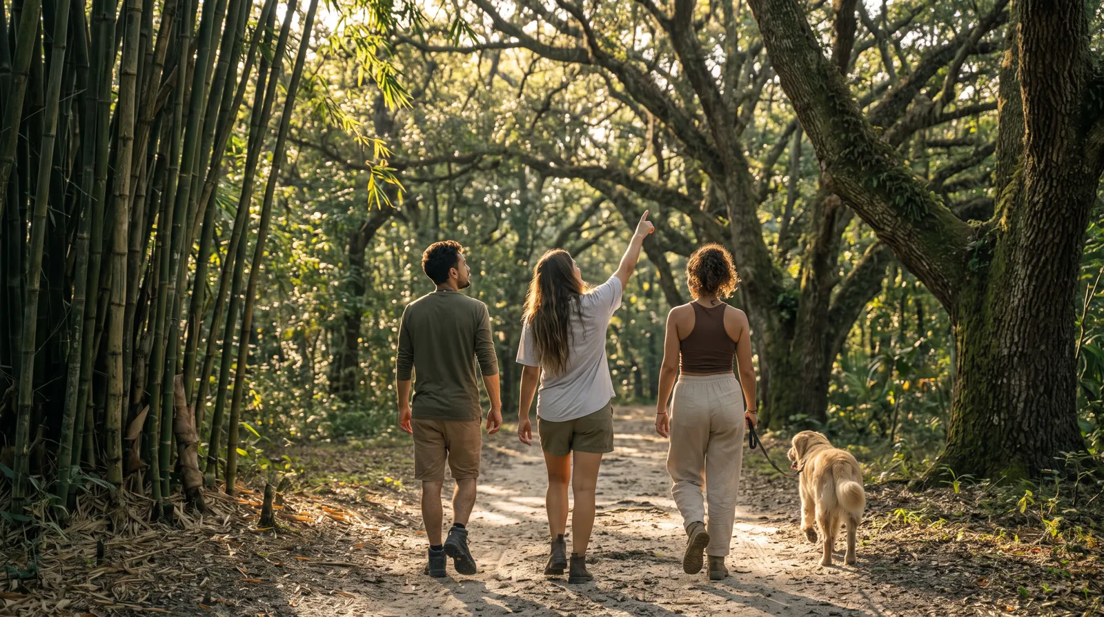 Three people hiking a shaded farm trail with a dog trotting ahead