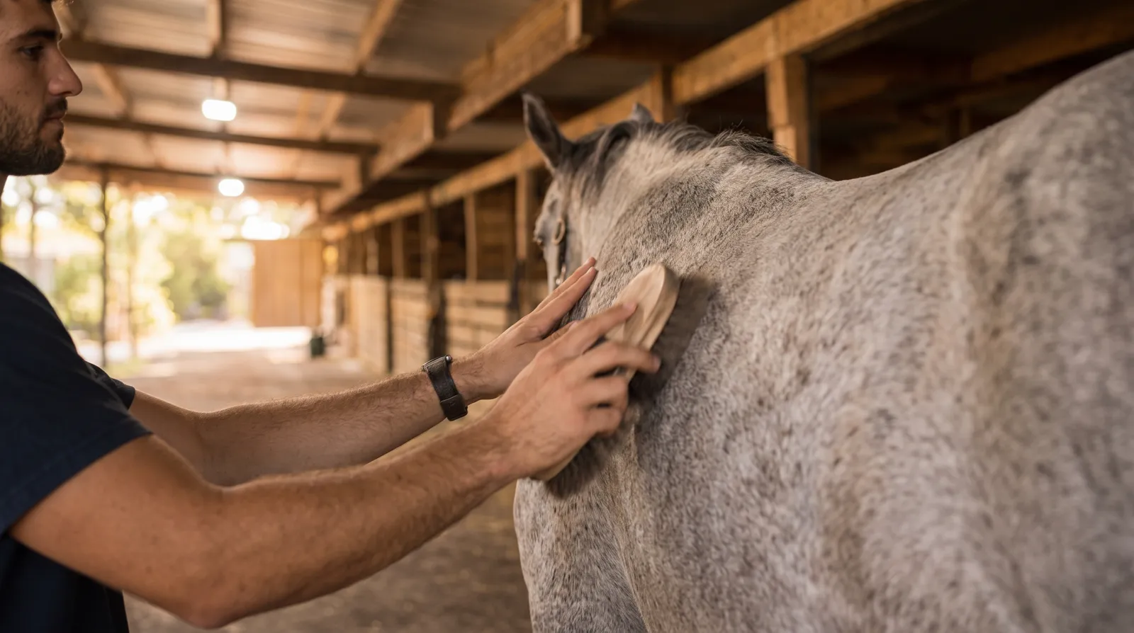 Hands gently brushing a grey horse inside the stable aisle