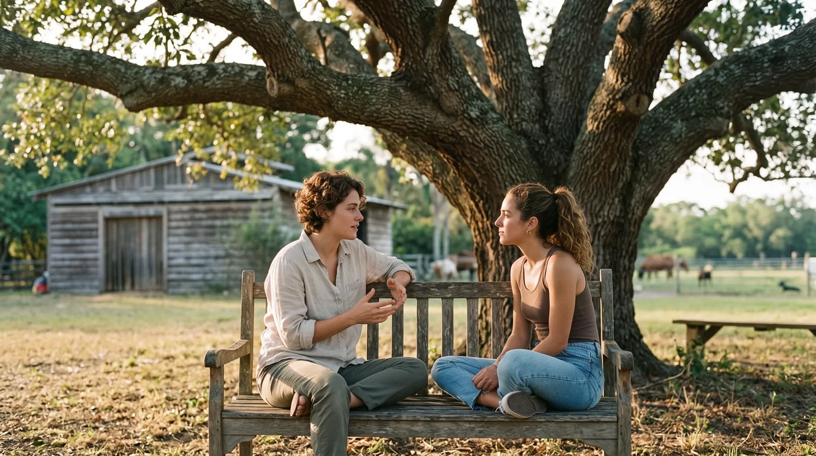 Two people talking quietly on a bench under a large oak
