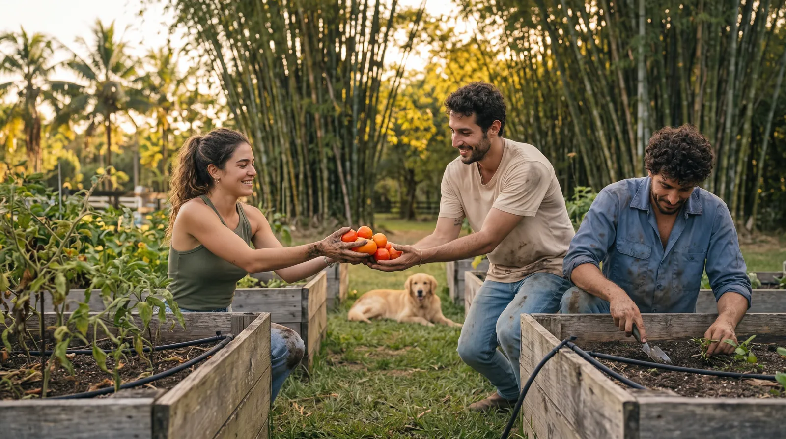 Three people harvesting tomatoes together at raised garden beds