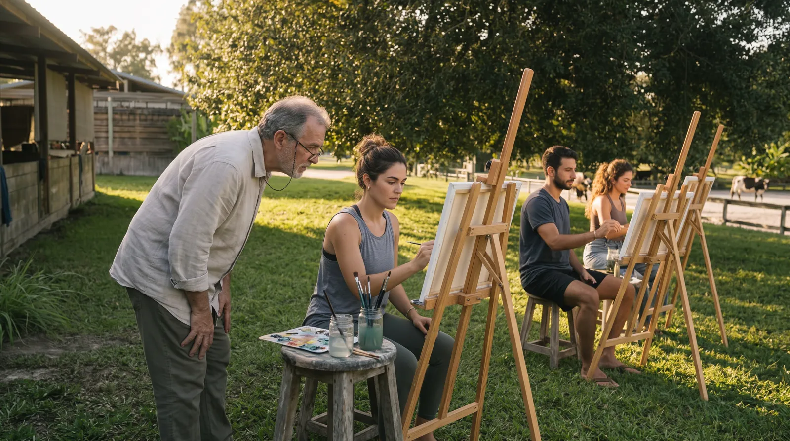 Adults painting at easels outdoors facing the pasture
