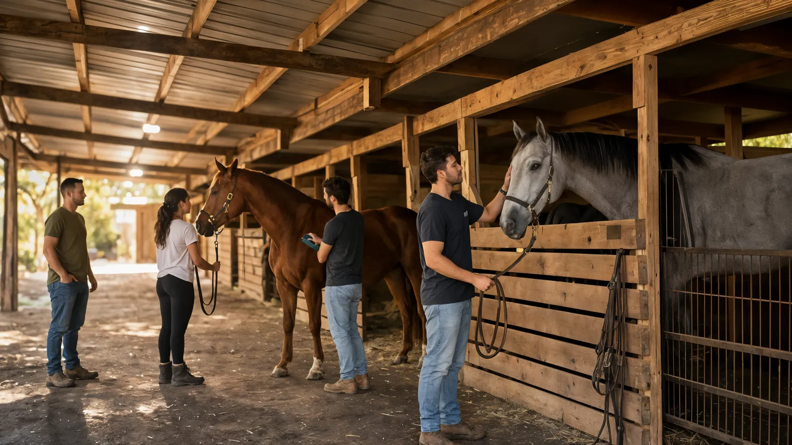 People grooming and standing calmly with horses inside a wooden stable