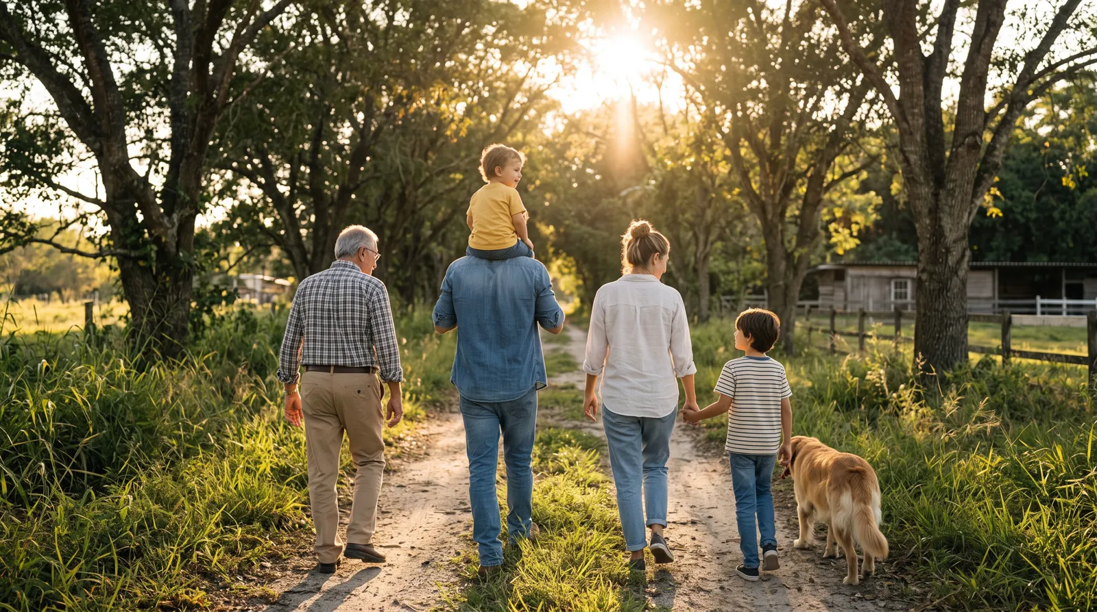 A multigenerational family walking down a farm lane with their dog