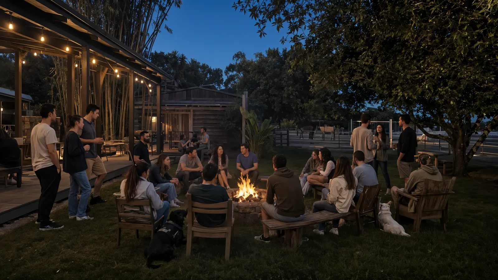 A group gathered around a fire pit at dusk near the stable