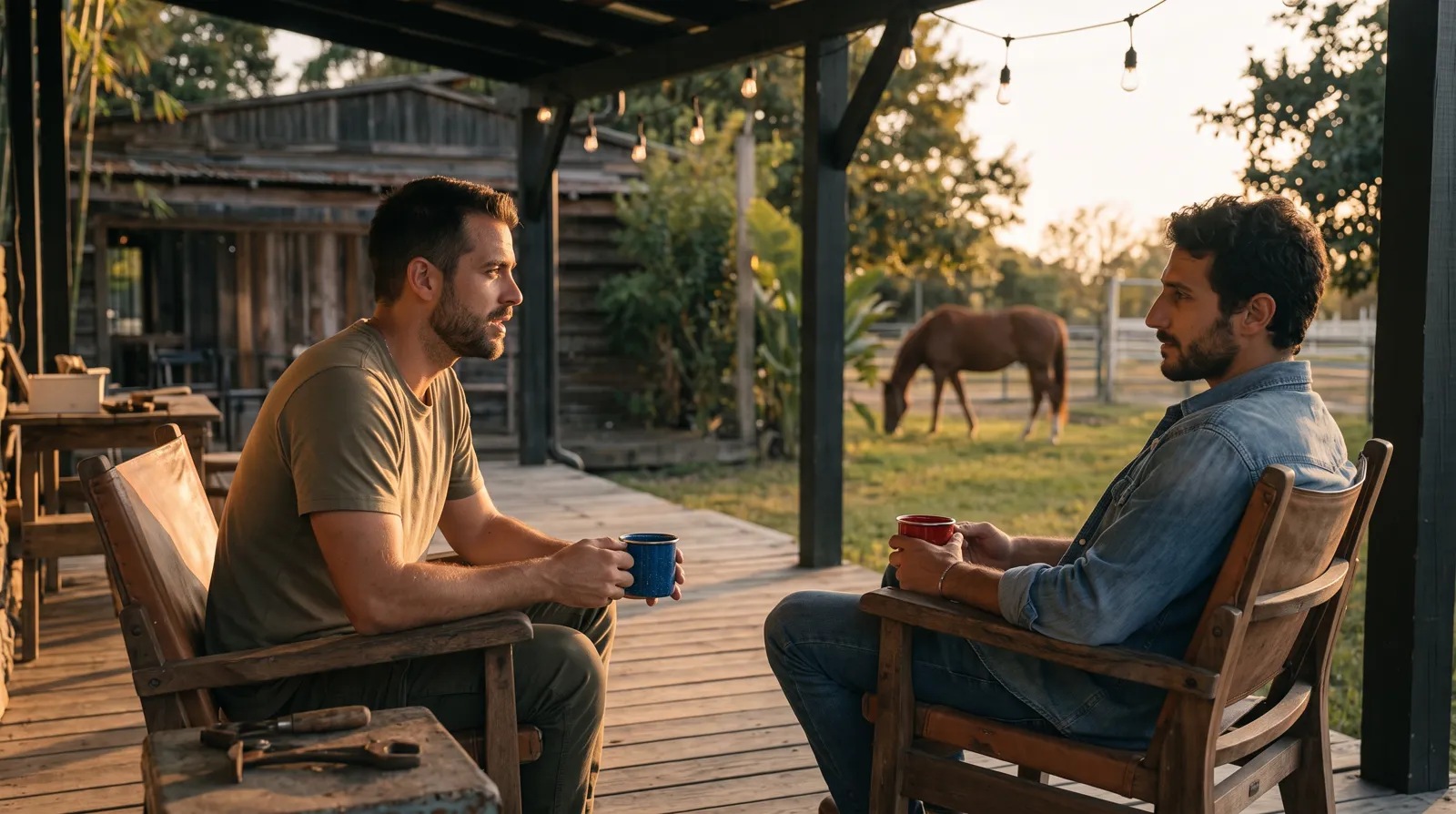 Two men in quiet conversation over coffee on a farm porch