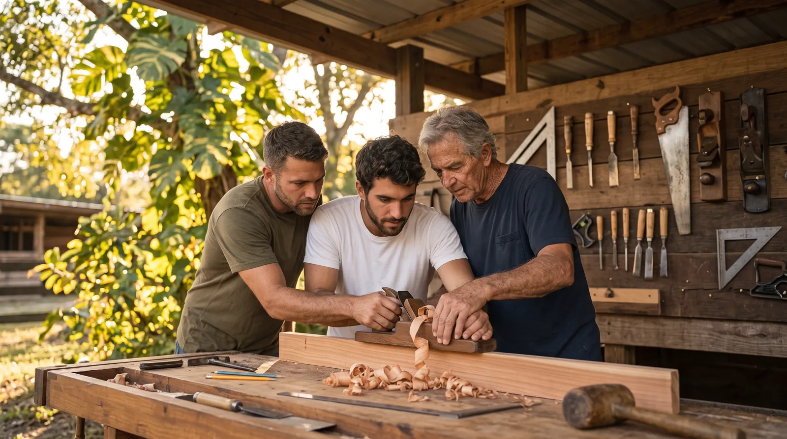 One man guiding another's hands on a hand plane at an outdoor woodworking bench
