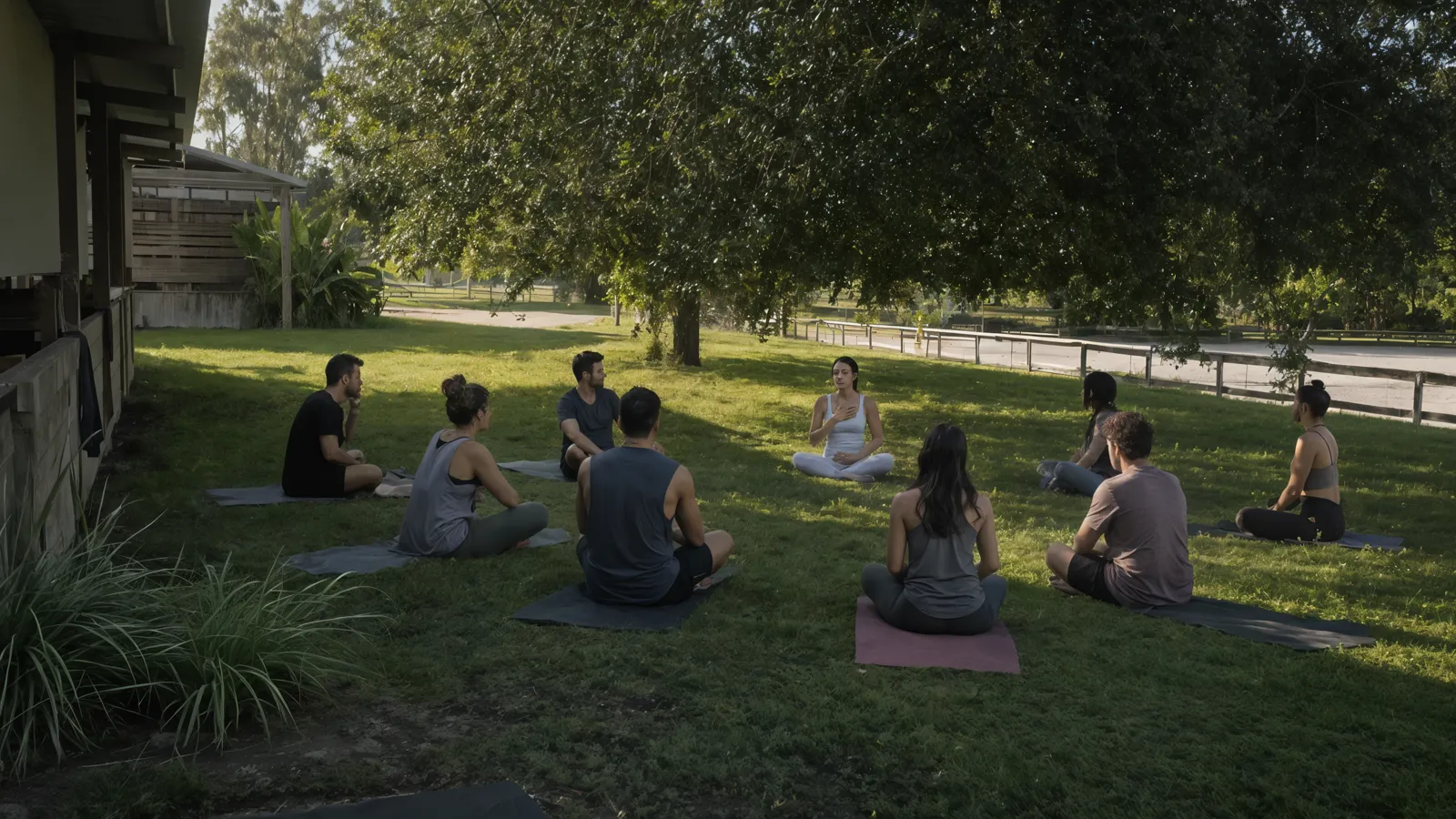 An outdoor meditation circle on the grass beneath a large tree