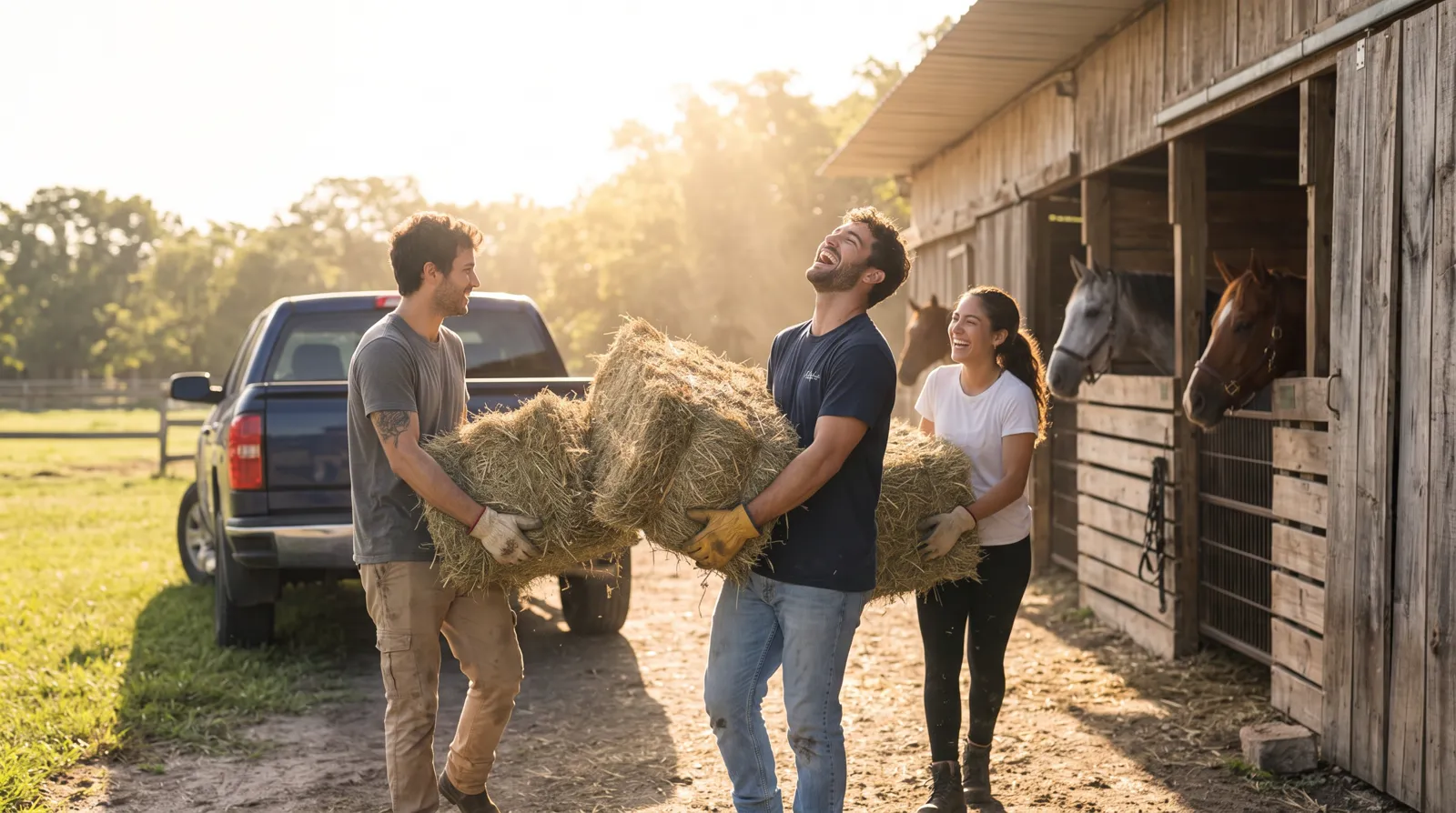 Volunteers carrying hay bales toward the stable while horses watch from their stalls